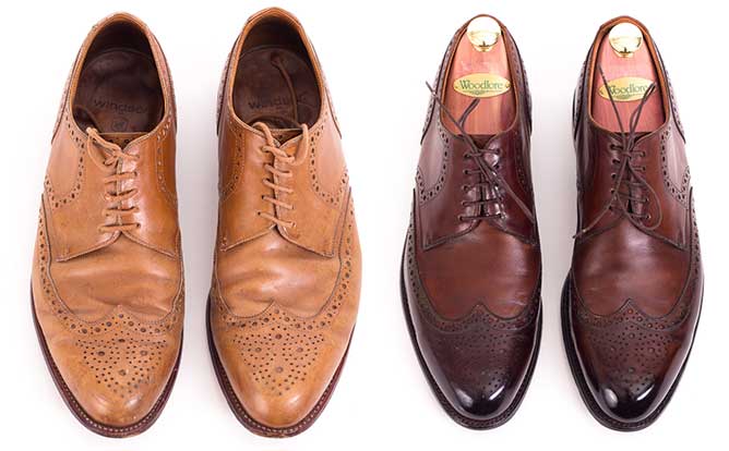 Schuhe vor und nach der Schuhpflege